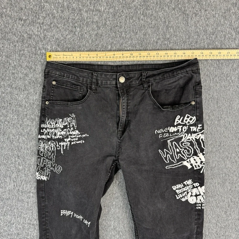 Y&R Black Graphic Jeans‎ Punk Goth Streetwear Denim Size 36